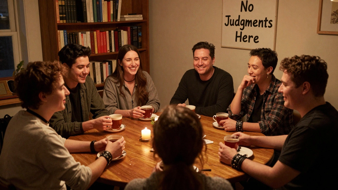 A diverse group of adults sharing tea and laughter at a community gathering, exuding warmth and mutual acceptance.