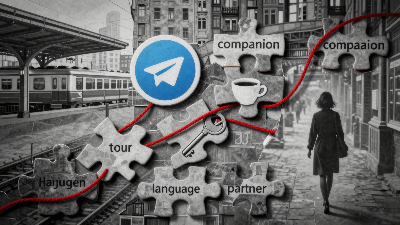 A fragmented mosaic of urban symbols represents coded companionship networks in Russia, with a single red thread symbolizing resilience.