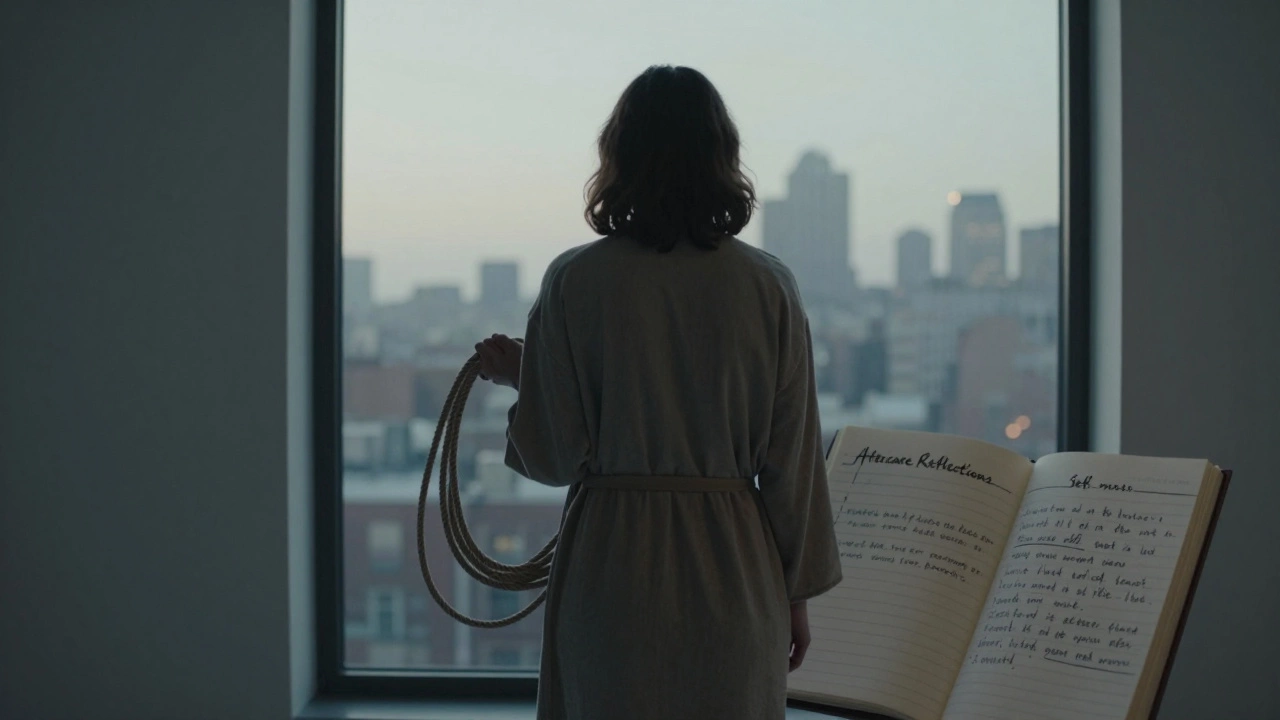 A solitary person at dawn holding rope, gazing out a window as a journal open to aftercare reflections rests nearby.