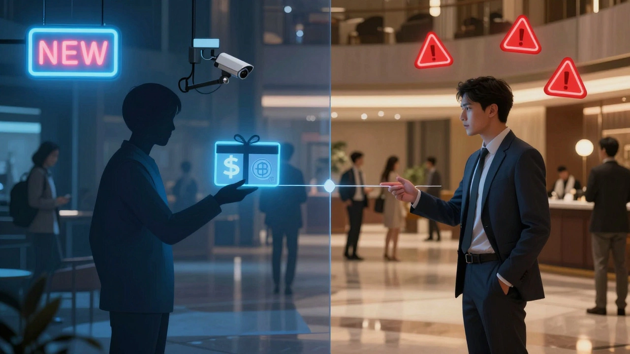 A split scene showing risky online payments versus a safe public meeting in a hotel lobby.