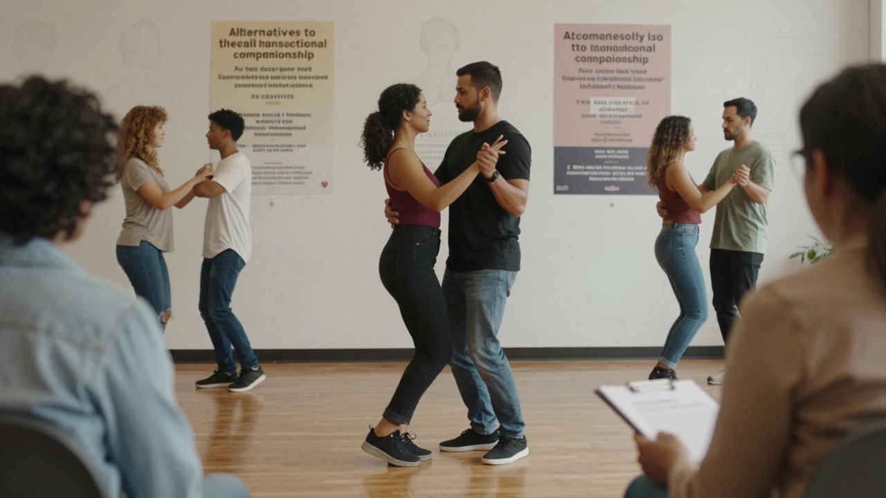 People engaging in safe alternatives to escort services: volunteering, dancing, and therapy.
